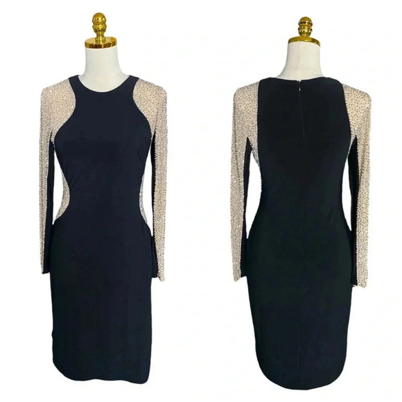 XSCAPE | Crystals Embellished Mesh-Trimmed Sheath Black Evening Dress Size 10 - Picture 6 of 14